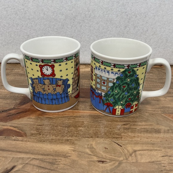 2 Vintage Finest Ceramics TM Christmas Tree Fireplace Bears and Presents Mugs - Picture 1 of 6